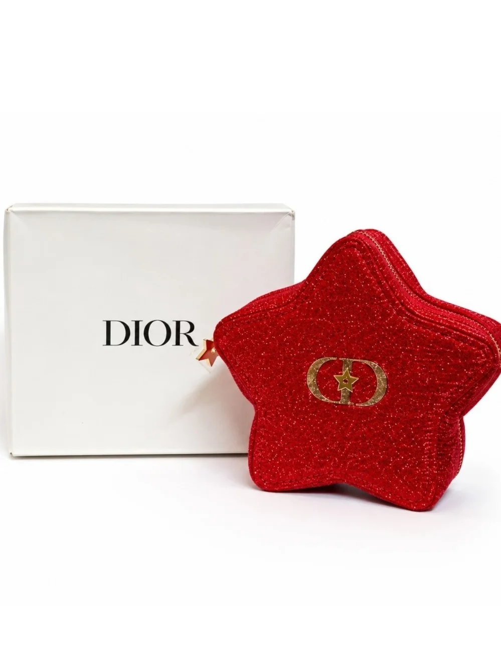 Dior Red Star Glitter Cosmetic Pouch Holiday Makeup Bag w/ Original Box New